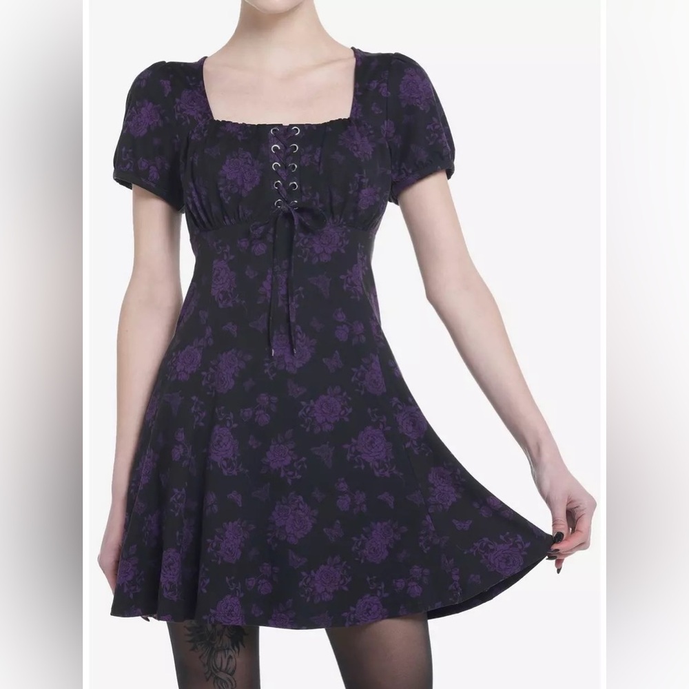 Hot Topic Cosmic Aura Black & Purple Rose Babydoll Dress Medium NWOT